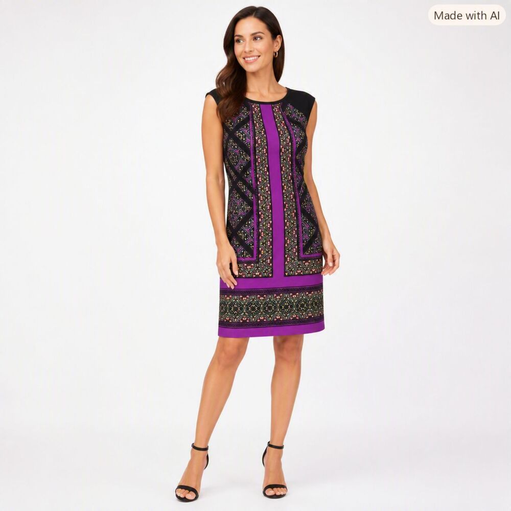 London Style Purple & Black Geo‑Print Cap‑Sleeve Midi Dress – Size M